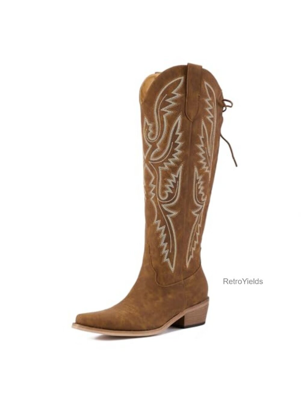 Wide Calf Cowboy Boots Knee High Lace Up Pointed Toe Chunky Heel Faux Leather